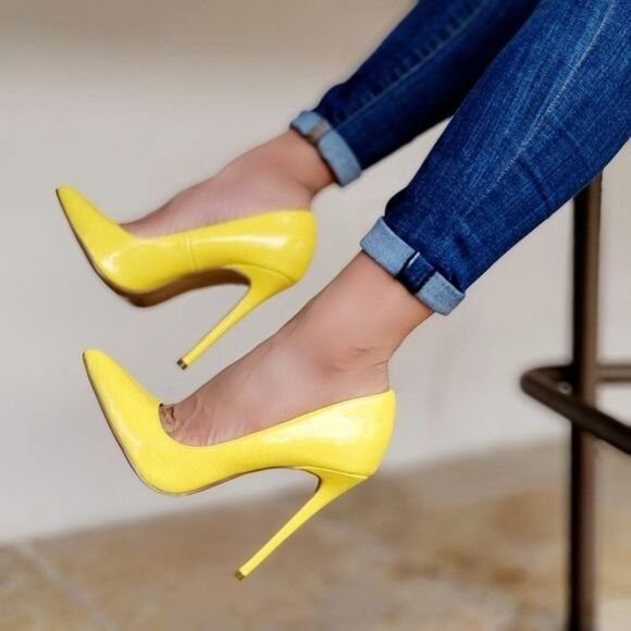 Women's Yellow Pointed Toe Stiletto Pumps High Heels - Picture 3 of 5